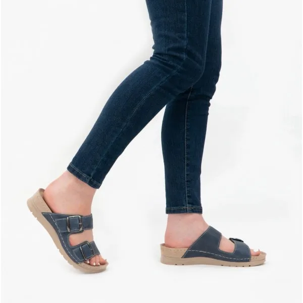 6150 Ladies Leather Mule Sandals Blue Jeans