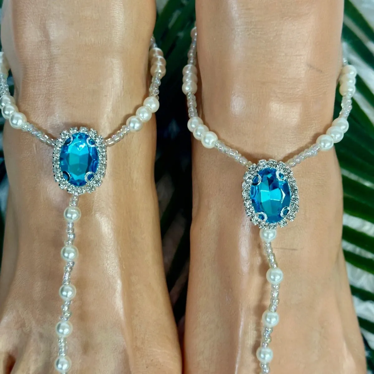 AQUAMARINE beaded barefoot sandals  - aqua