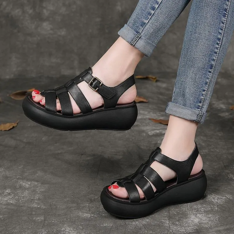 Babakud Leather Handmade Platform Summer Rome Buckle Sandals