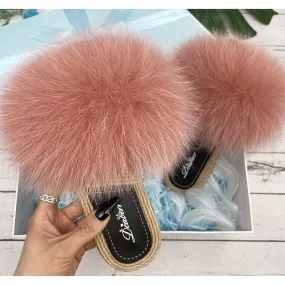 Bean Paste Natural Fox Real Fur Synthetic Straw Flip Flops Sandals for Women