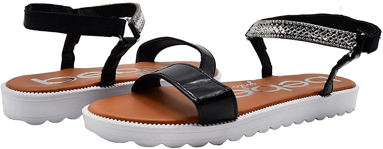 bebe Girls Big Kid Flatform Sandal with Metallic and Rhinestone Straps Open Toe Fashion Summer Bling Shoes