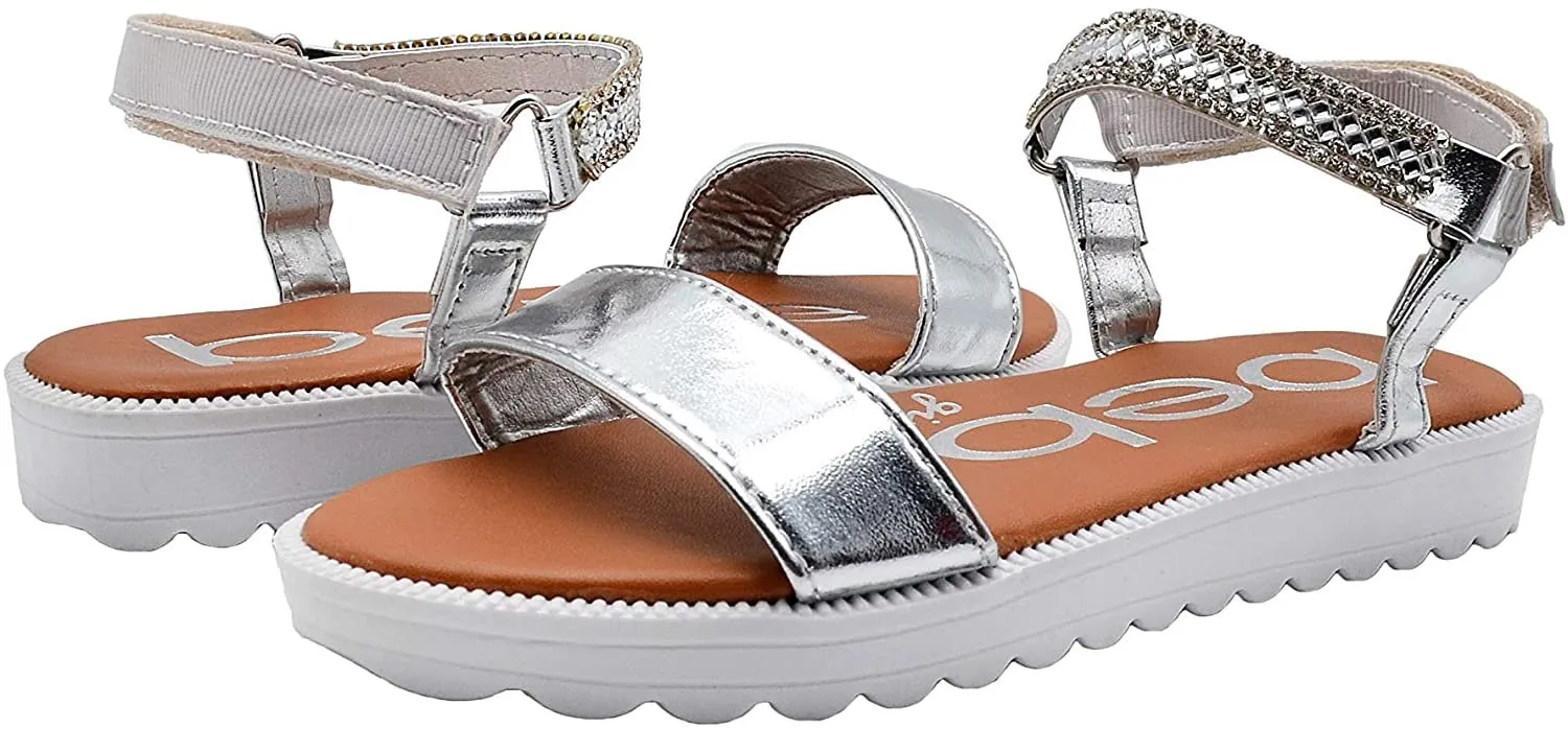 bebe Girls Big Kid Flatform Sandal with Metallic and Rhinestone Straps Open Toe Fashion Summer Bling Shoes