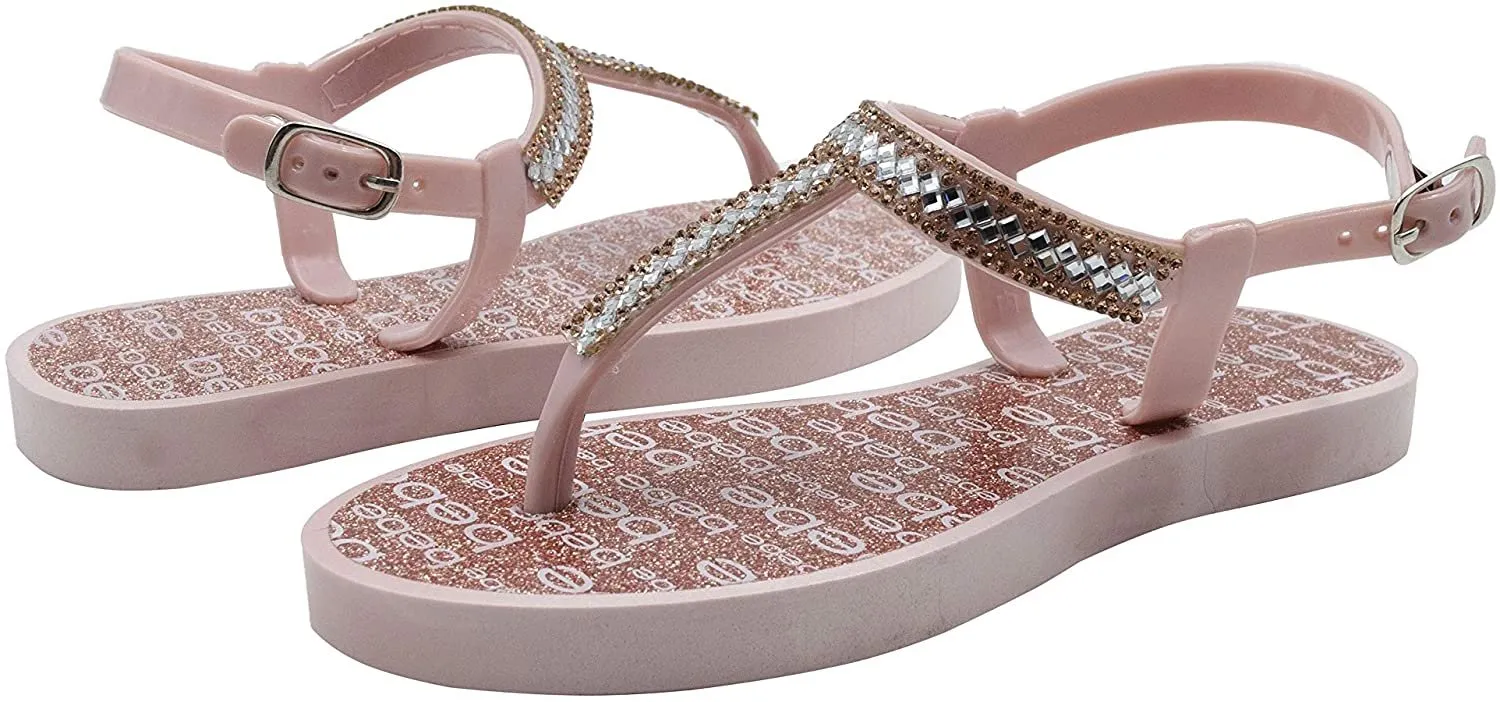 bebe Girls' Big Kid Slip-On PCU T-Strap Sandals with Rhinestones and Glitter Logo Footbed, Open-Toe Flat Fashion Summer Thong Shoes