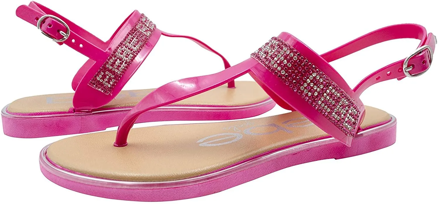 bebe Girls' Big Kid Slip-On PCU Thong Sandals with Rhinestone Logo, Open-Toe Flat Fashion Summer Thong Shoes