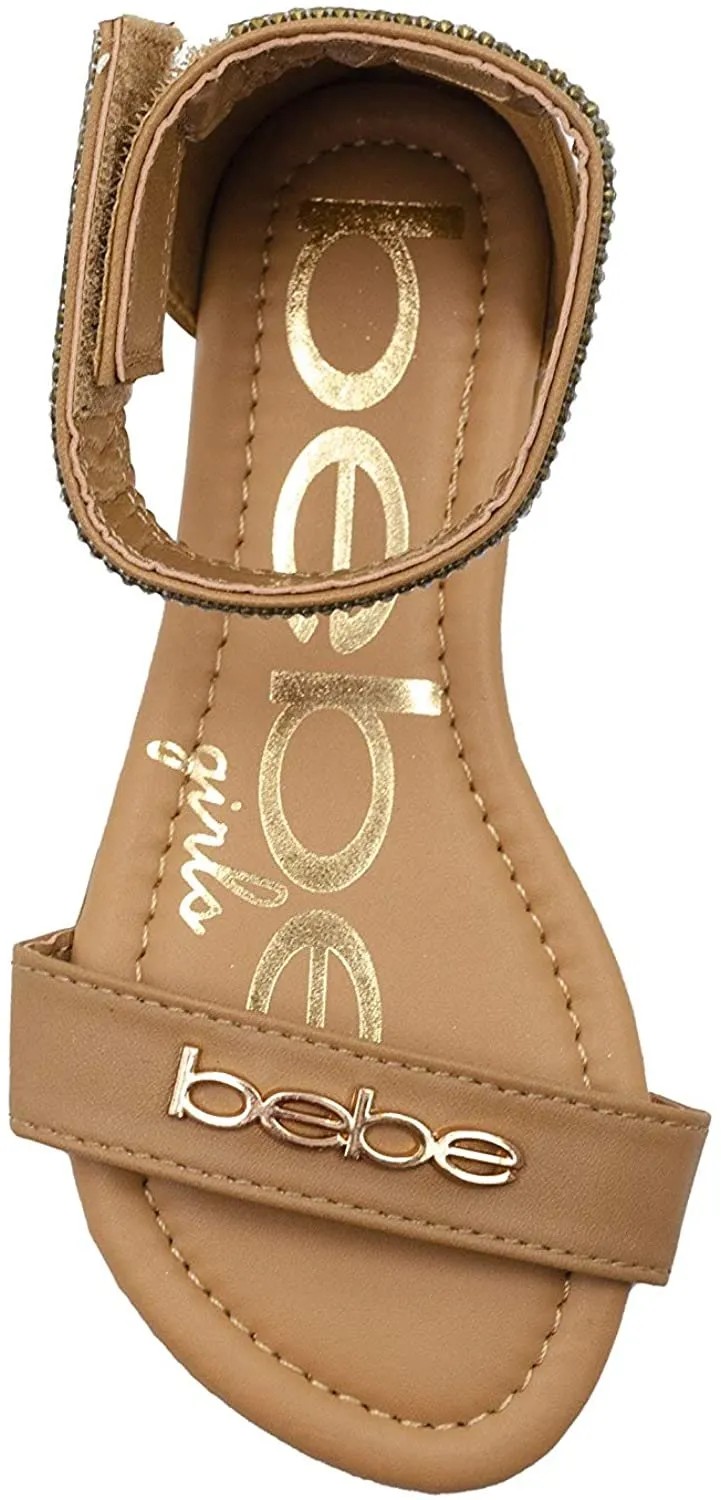 bebe Girls' Big Kid Slip-On Sandals with Rhinestone Ankle Straps, Open-Toe Flat Fashion Summer Shoes