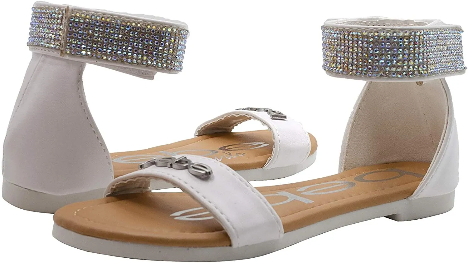 bebe Girls' Big Kid Slip-On Sandals with Rhinestone Ankle Straps, Open-Toe Flat Fashion Summer Shoes