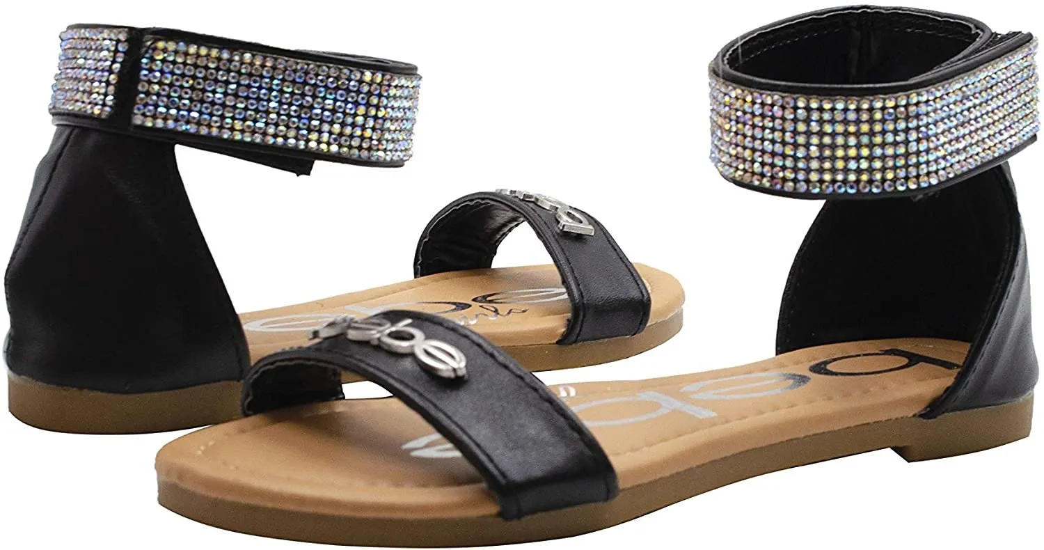 bebe Girls' Big Kid Slip-On Sandals with Rhinestone Ankle Straps, Open-Toe Flat Fashion Summer Shoes