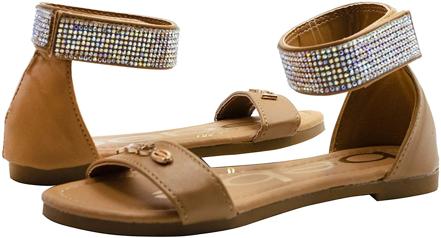 bebe Girls' Big Kid Slip-On Sandals with Rhinestone Ankle Straps, Open-Toe Flat Fashion Summer Shoes