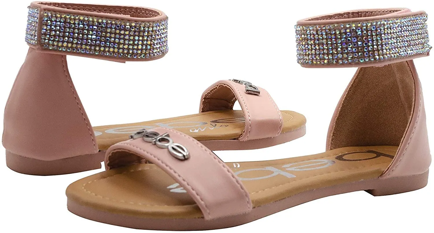 bebe Girls' Big Kid Slip-On Sandals with Rhinestone Ankle Straps, Open-Toe Flat Fashion Summer Shoes