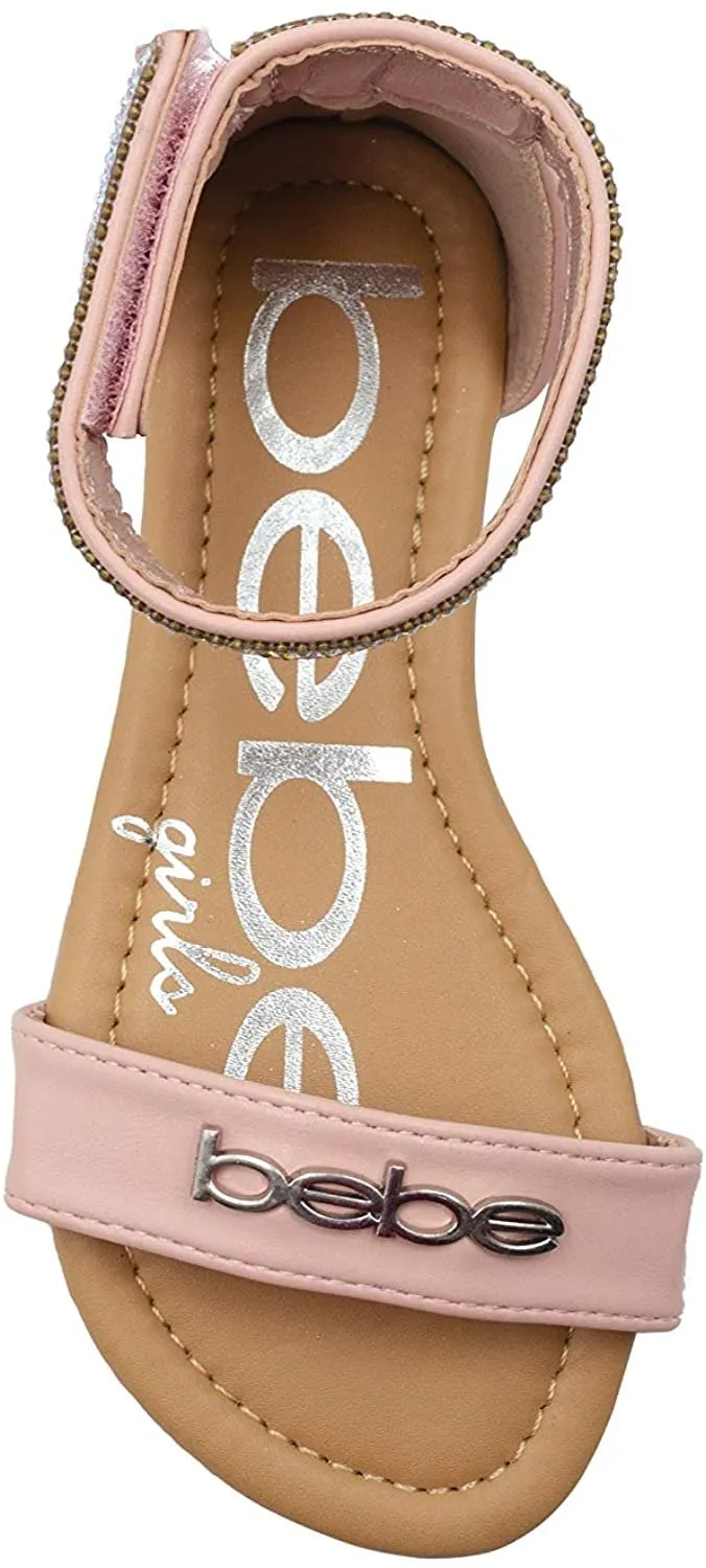 bebe Girls' Big Kid Slip-On Sandals with Rhinestone Ankle Straps, Open-Toe Flat Fashion Summer Shoes