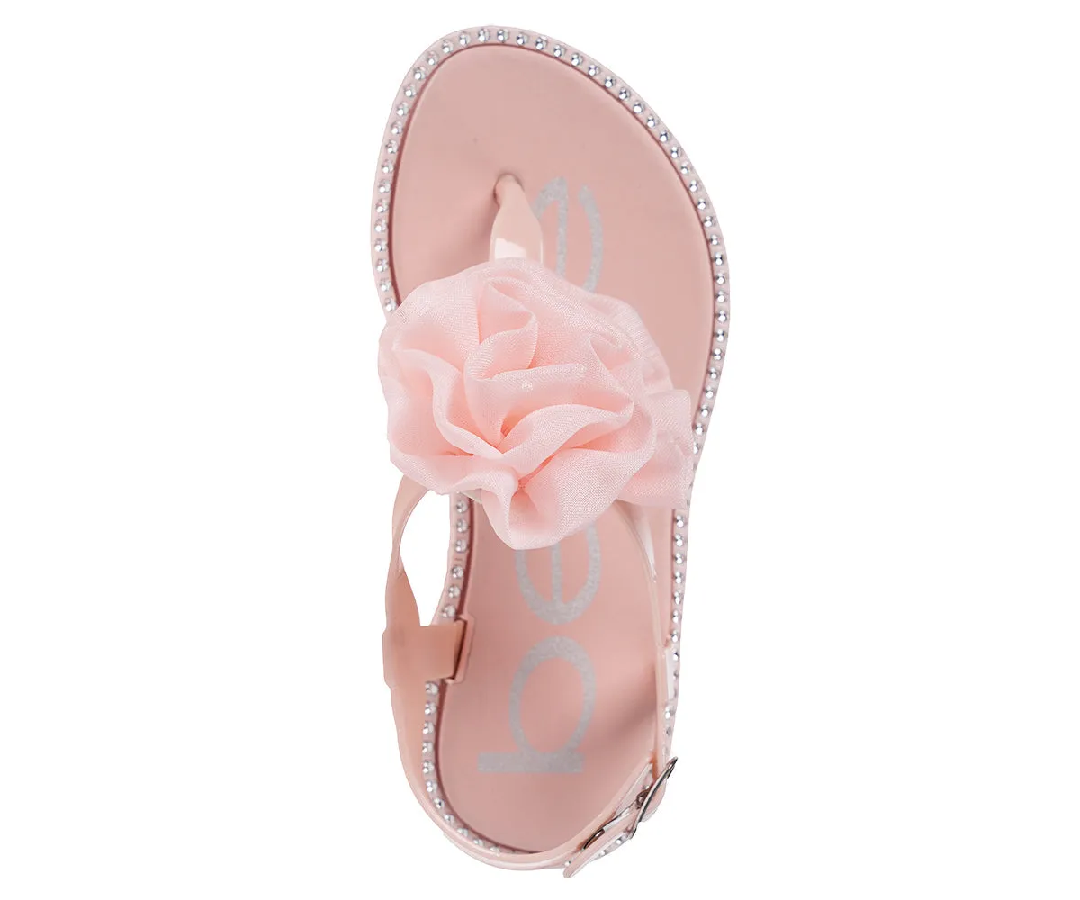 bebe Girl's Simple & Elegant Flat Sandals with Pearl, Flower, and Rhinestone Design - Flat Sandals for Little Kid/Big Kid