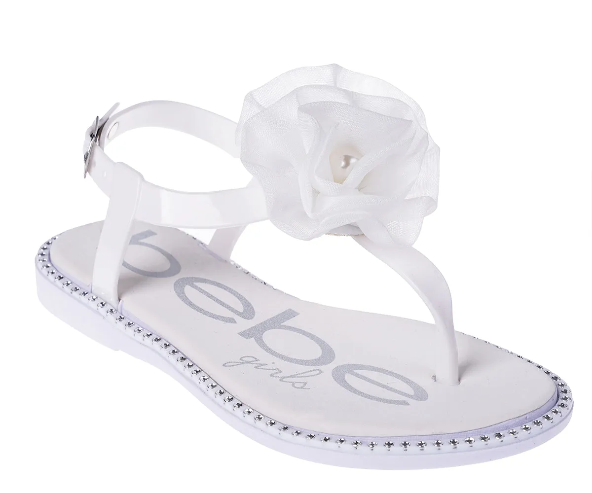 bebe Girl's Simple & Elegant Flat Sandals with Pearl, Flower, and Rhinestone Design - Flat Sandals for Little Kid/Big Kid