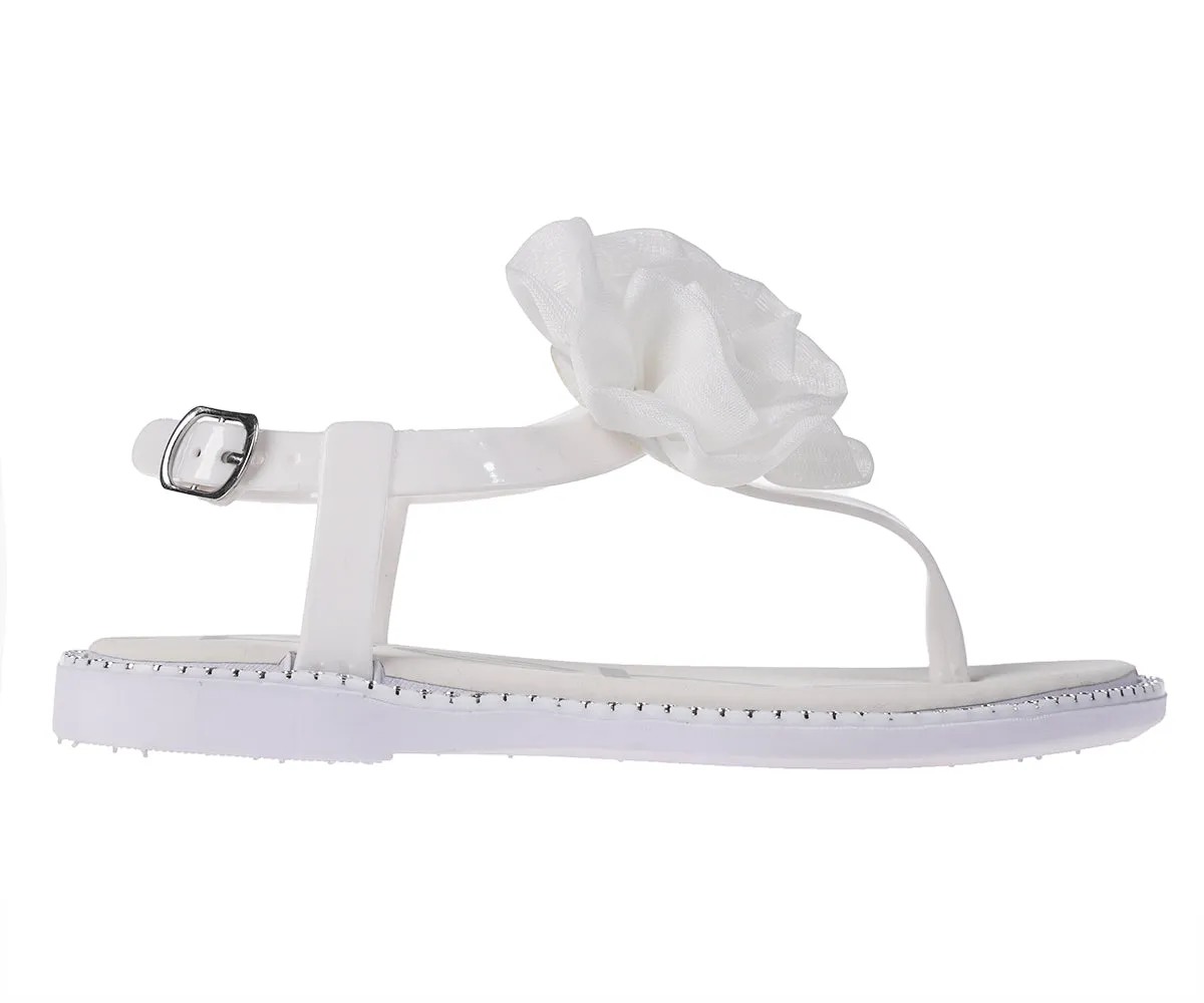 bebe Girl's Simple & Elegant Flat Sandals with Pearl, Flower, and Rhinestone Design - Flat Sandals for Little Kid/Big Kid