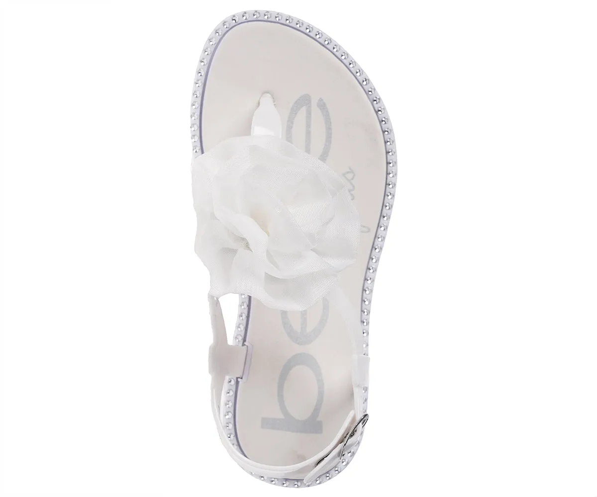 bebe Girl's Simple & Elegant Flat Sandals with Pearl, Flower, and Rhinestone Design - Flat Sandals for Little Kid/Big Kid