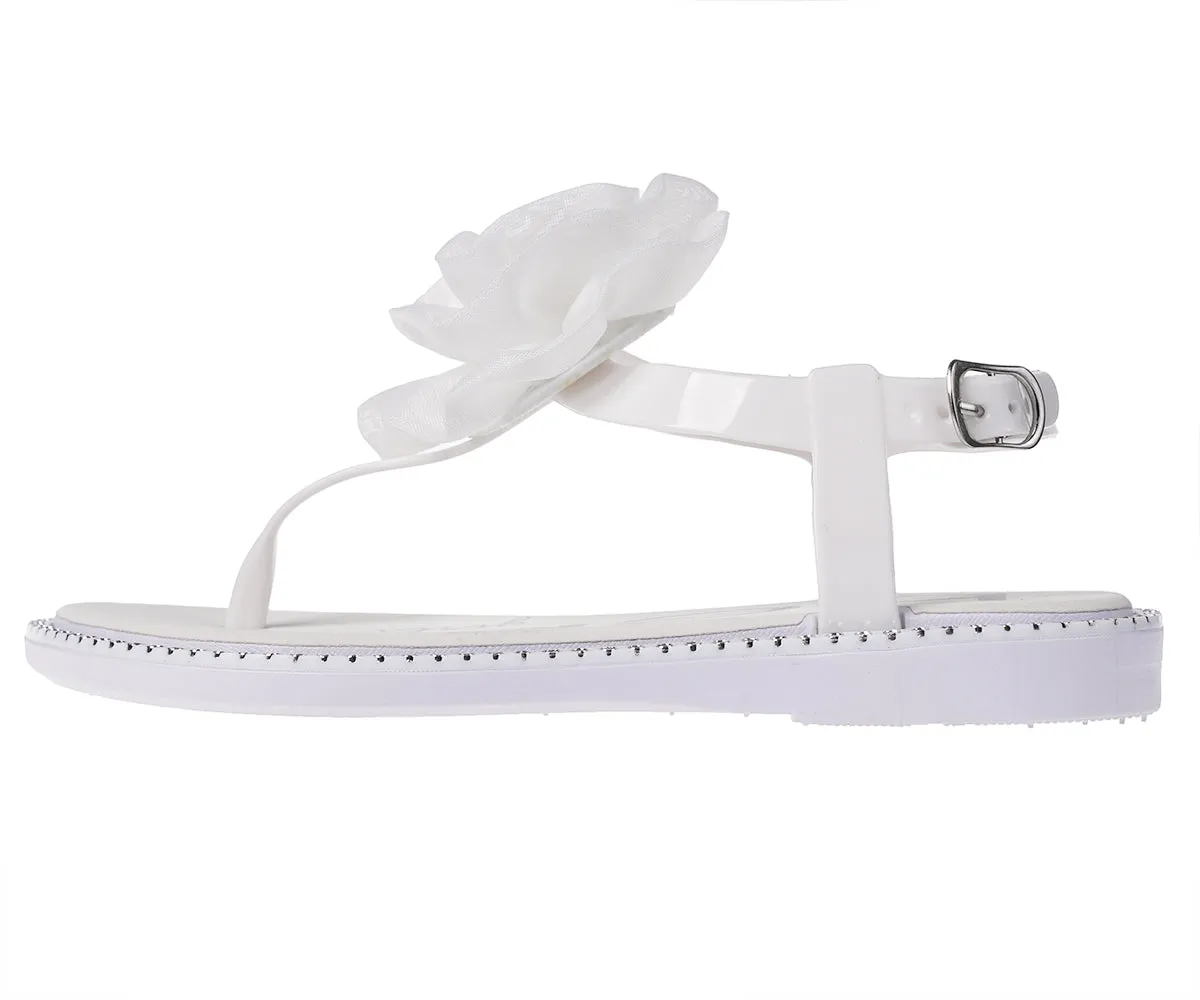 bebe Girl's Simple & Elegant Flat Sandals with Pearl, Flower, and Rhinestone Design - Flat Sandals for Little Kid/Big Kid