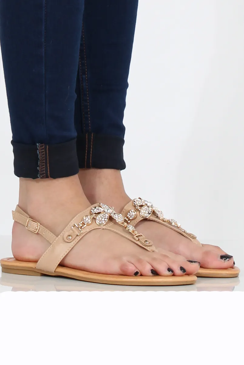 Beige Flower Diamante Sandals - Ailish