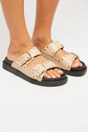 Beige Studded Flat Sandals