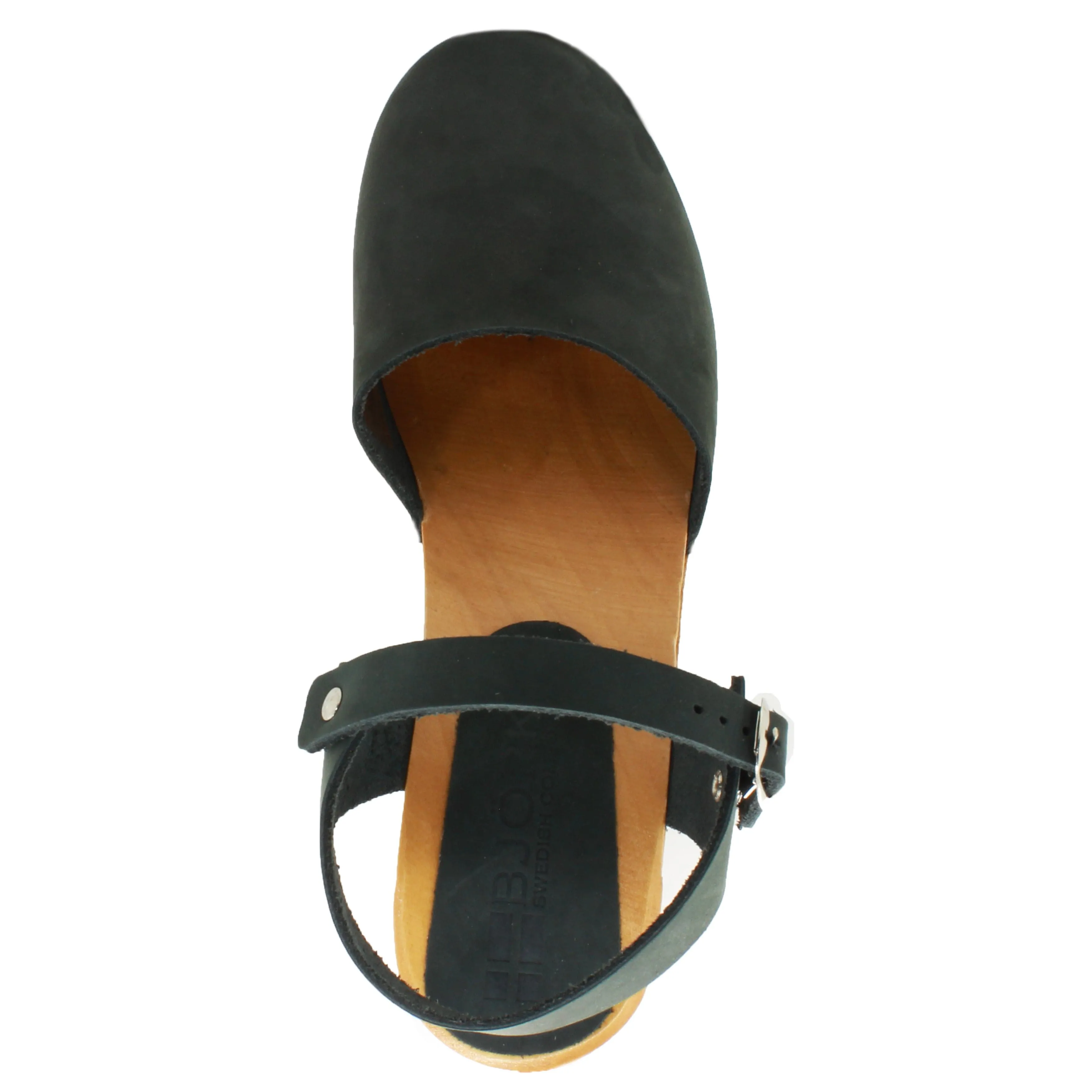 BJORK MARGARETA Swedish Wood Clog Sandals in Forest Green Oiled Leather - CLOSEOUT