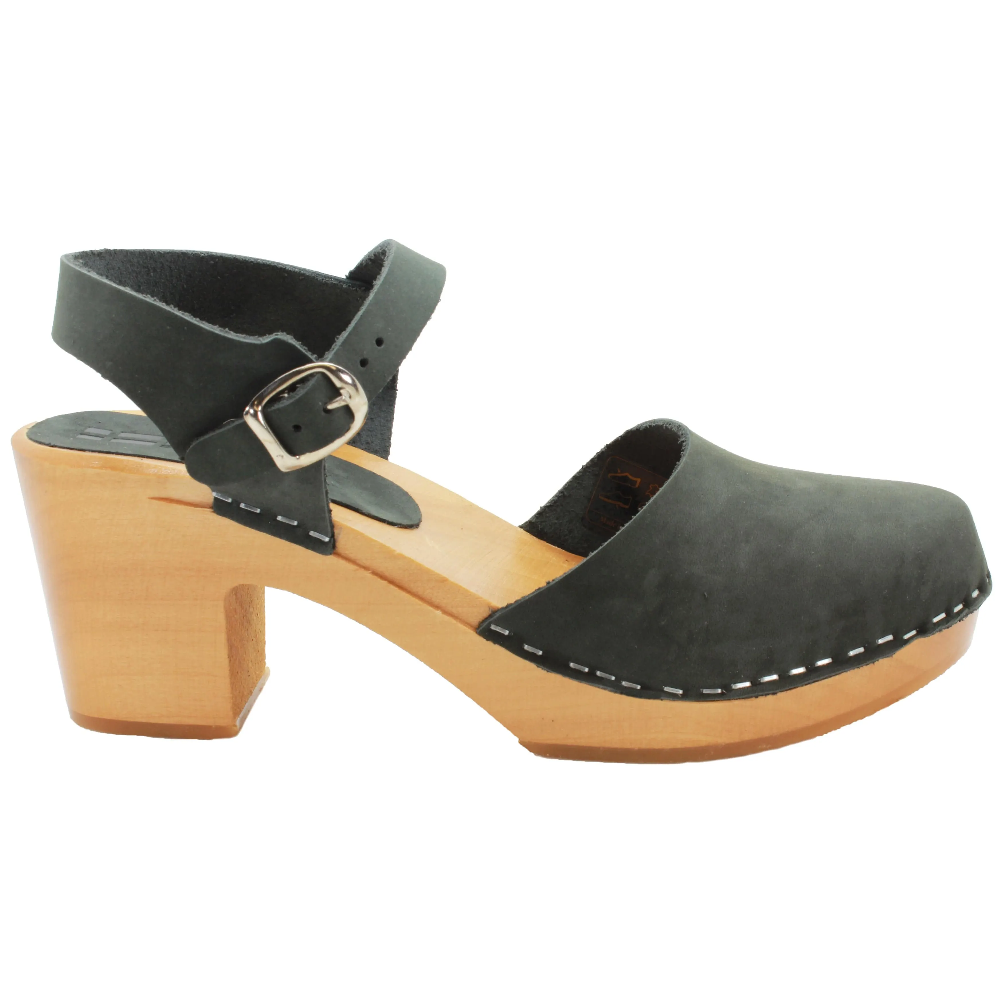 BJORK MARGARETA Swedish Wood Clog Sandals in Forest Green Oiled Leather - CLOSEOUT