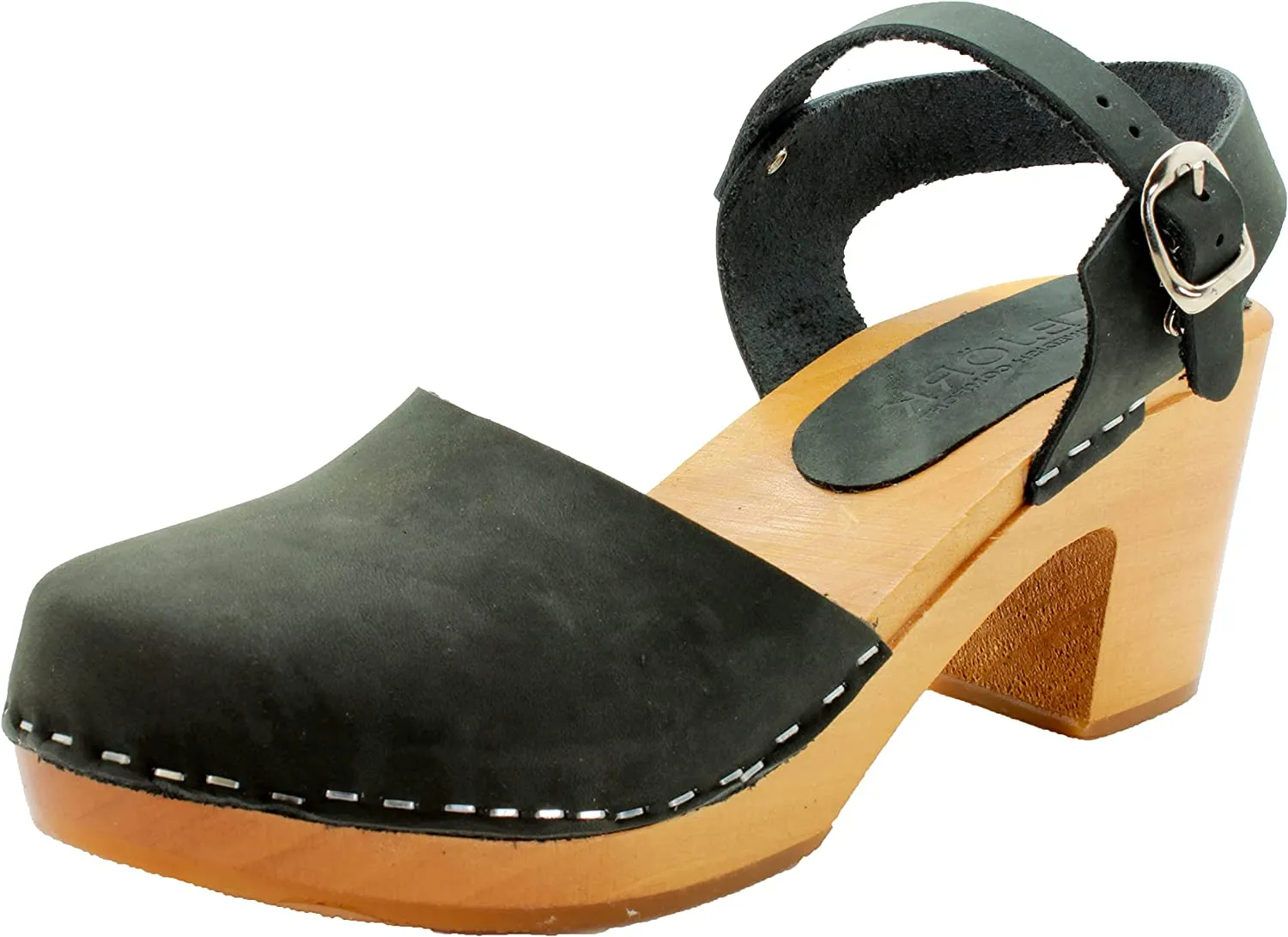 BJORK MARGARETA Swedish Wood Clog Sandals in Forest Green Oiled Leather - CLOSEOUT