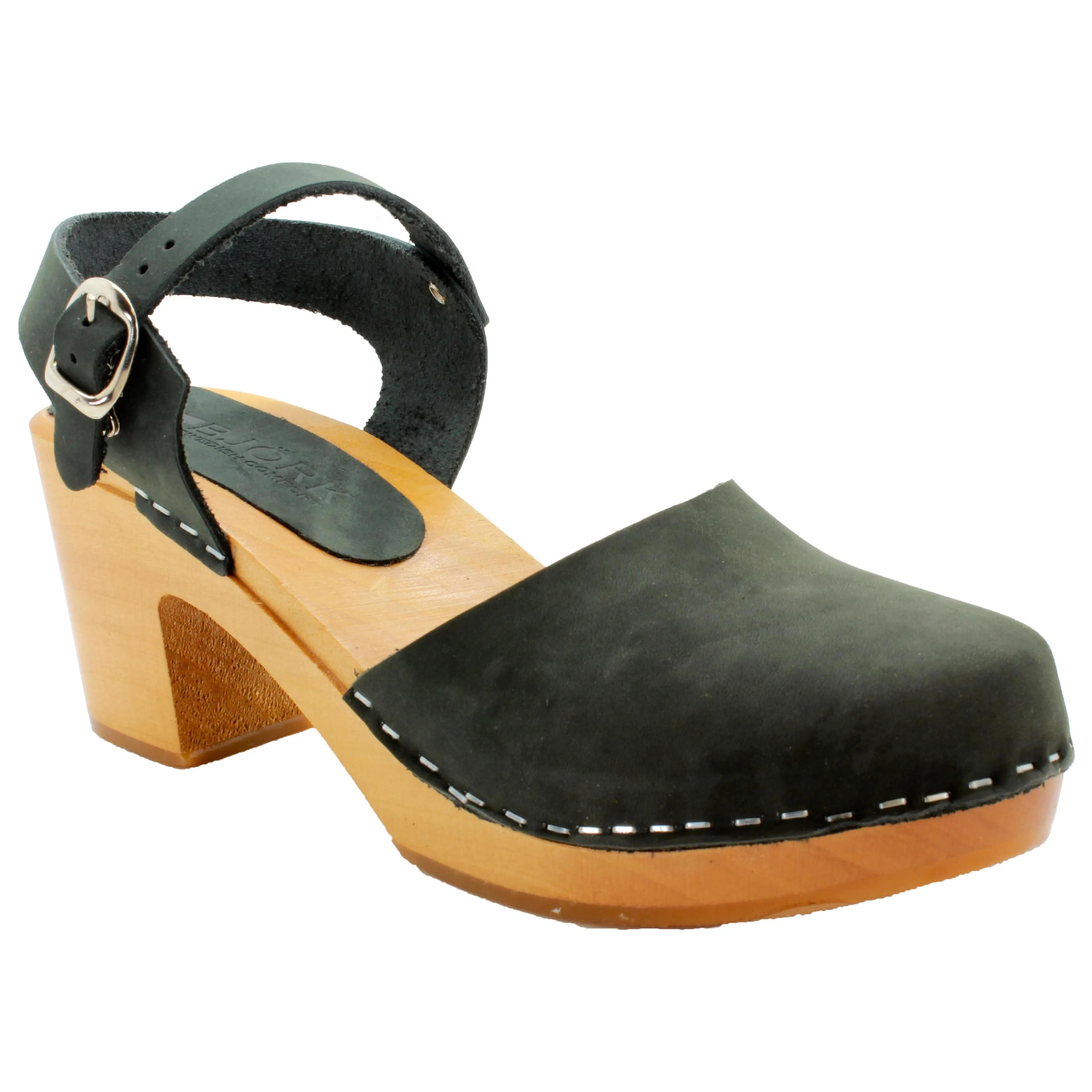 BJORK MARGARETA Swedish Wood Clog Sandals in Forest Green Oiled Leather - CLOSEOUT