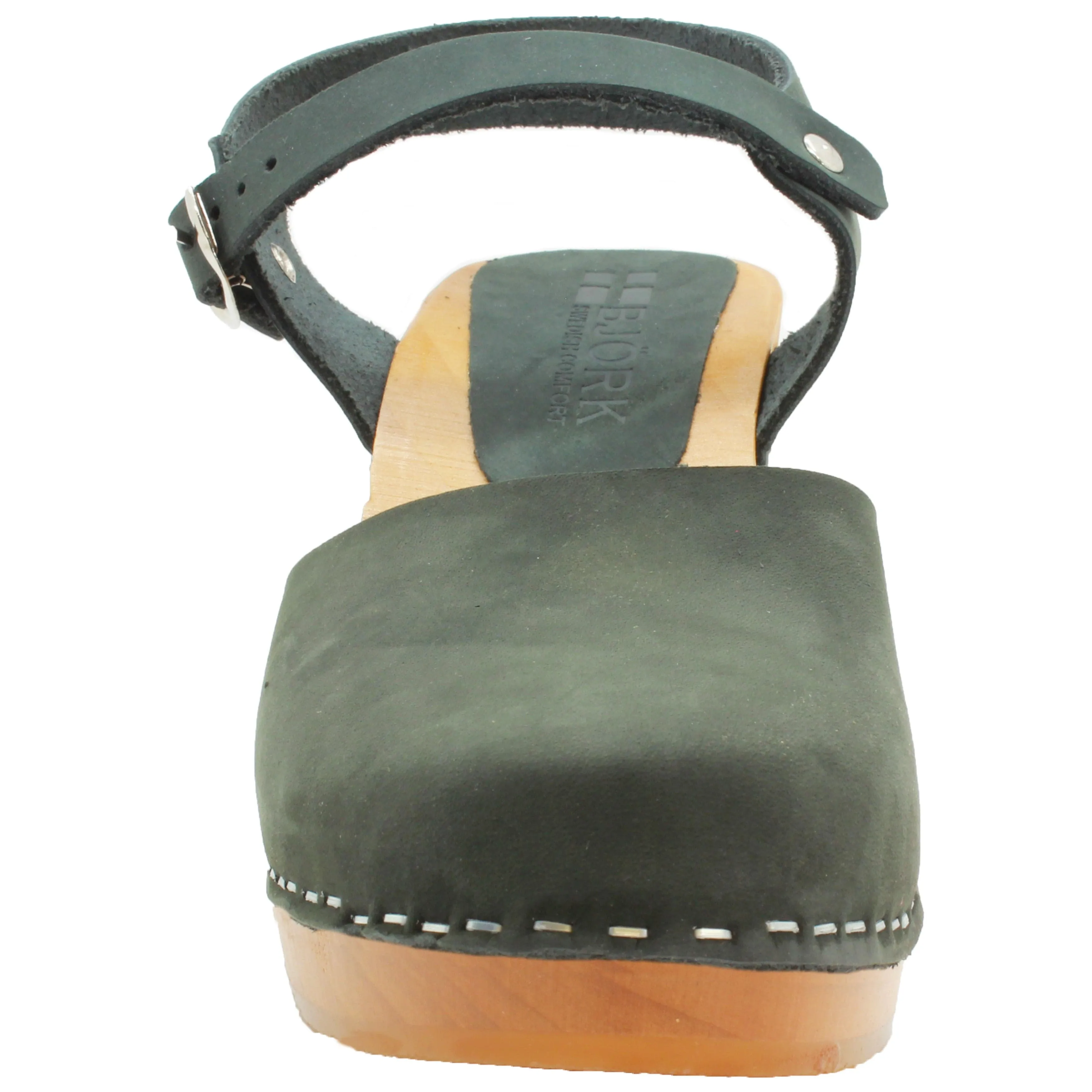 BJORK MARGARETA Swedish Wood Clog Sandals in Forest Green Oiled Leather - CLOSEOUT