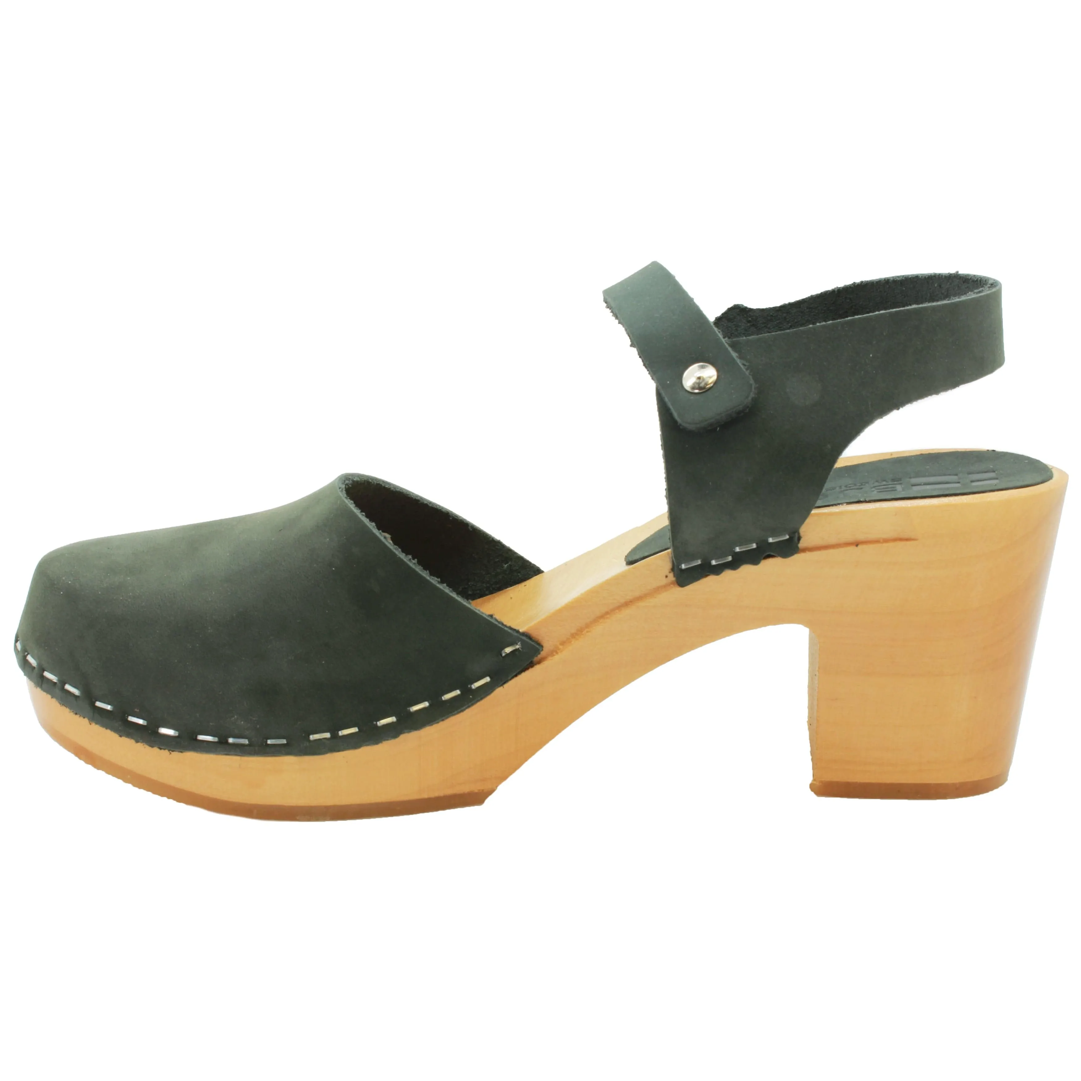 BJORK MARGARETA Swedish Wood Clog Sandals in Forest Green Oiled Leather - CLOSEOUT