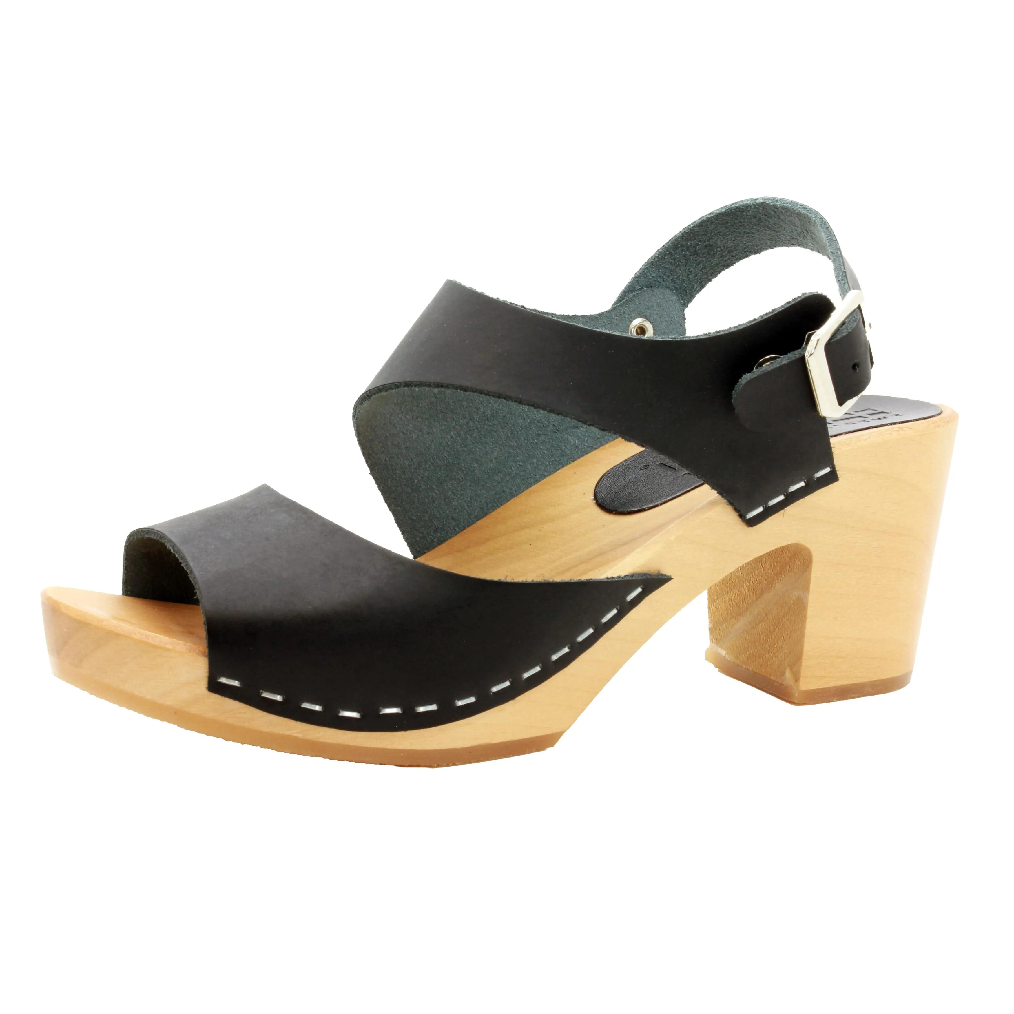 BJORK MARIE Swedish Wood Clog Sandals in Black Leather