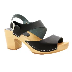 BJORK MARIE Swedish Wood Clog Sandals in Black Leather