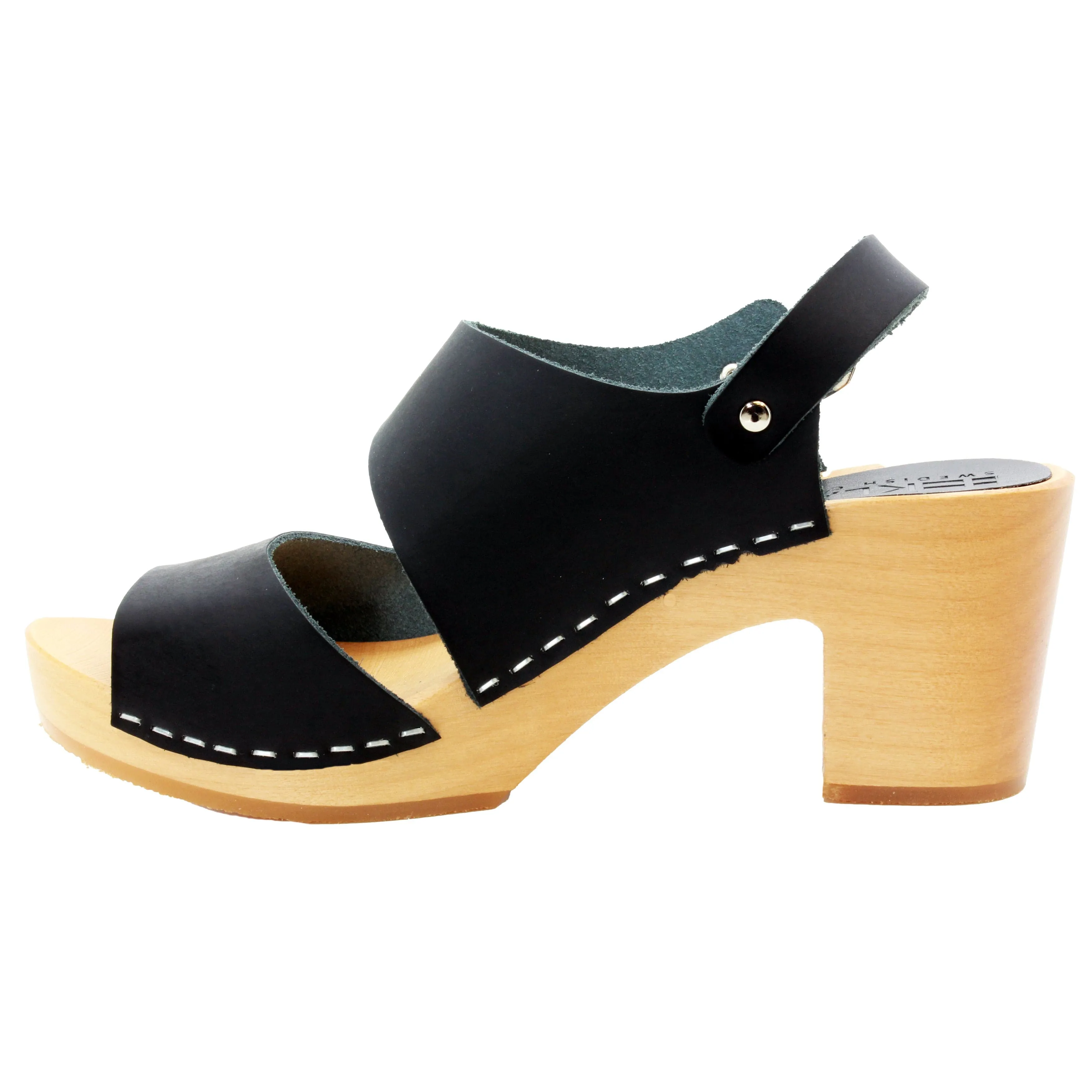 BJORK MARIE Swedish Wood Clog Sandals in Black Leather