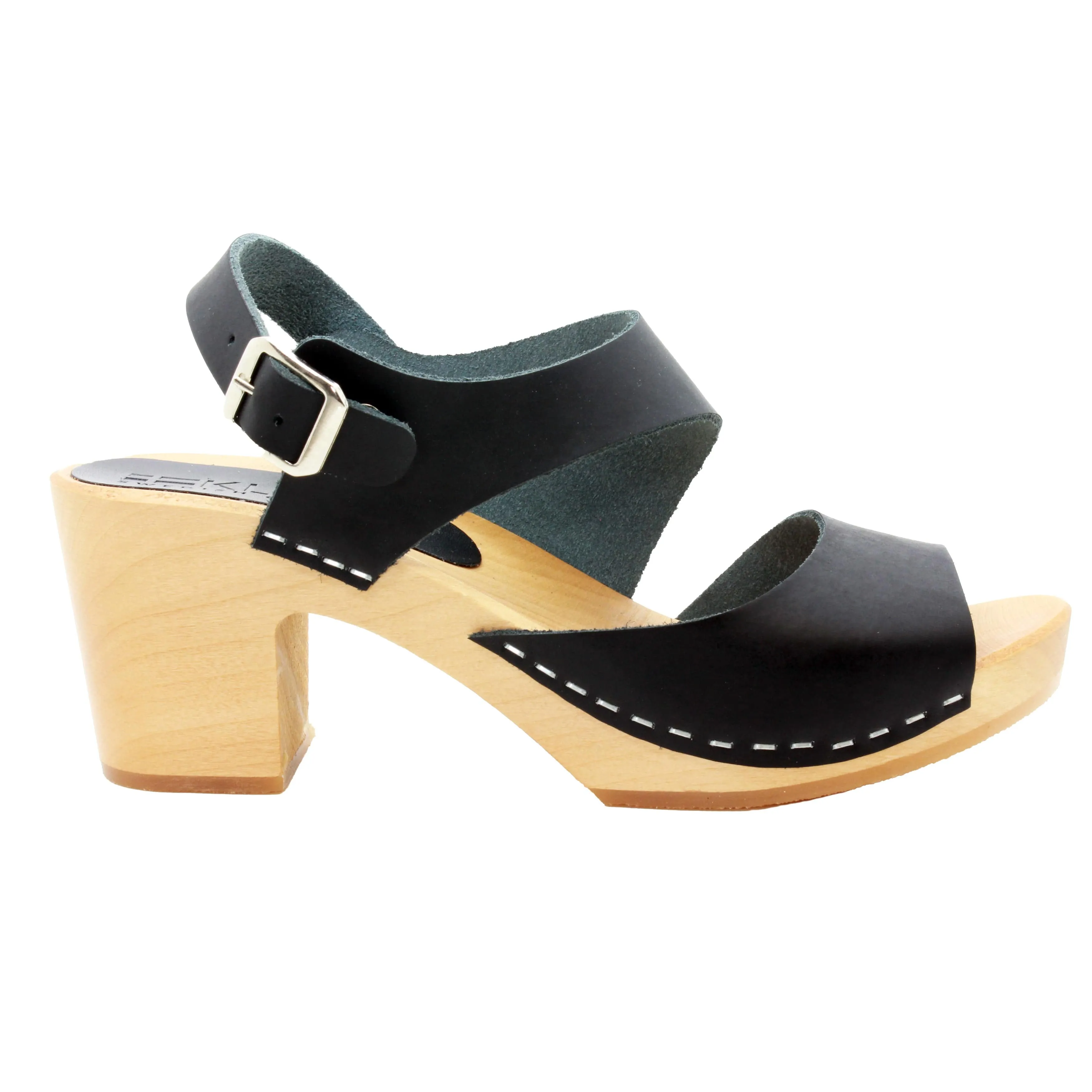 BJORK MARIE Swedish Wood Clog Sandals in Black Leather