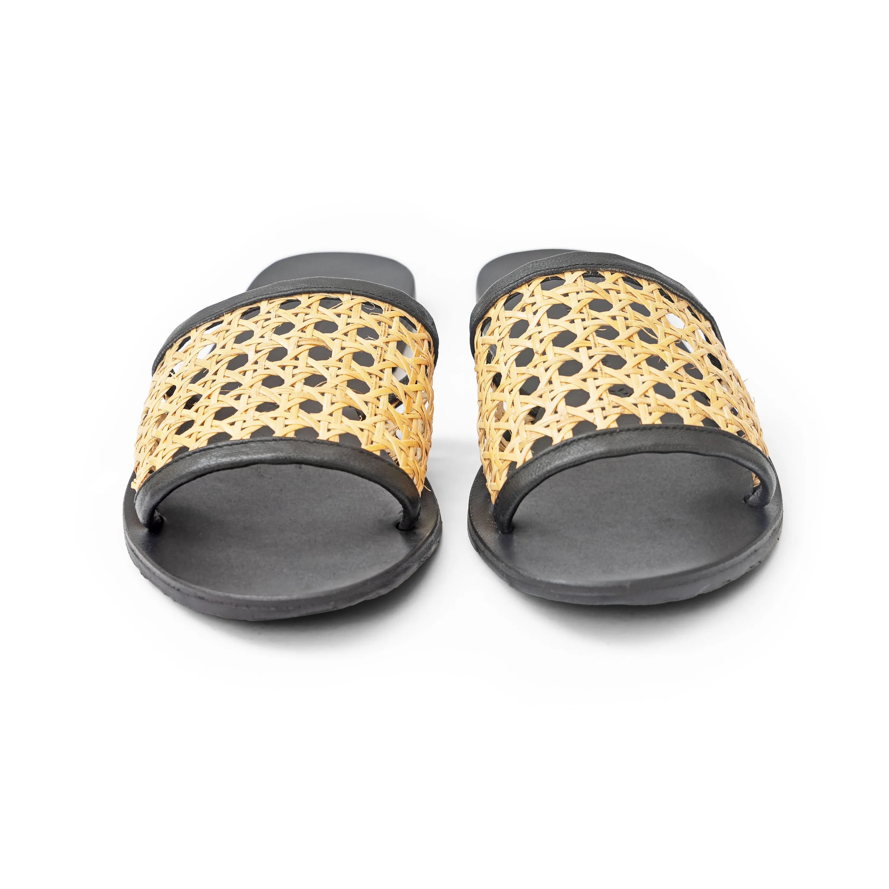 Black Genuine Leather Rattan Cane Webbing Slide