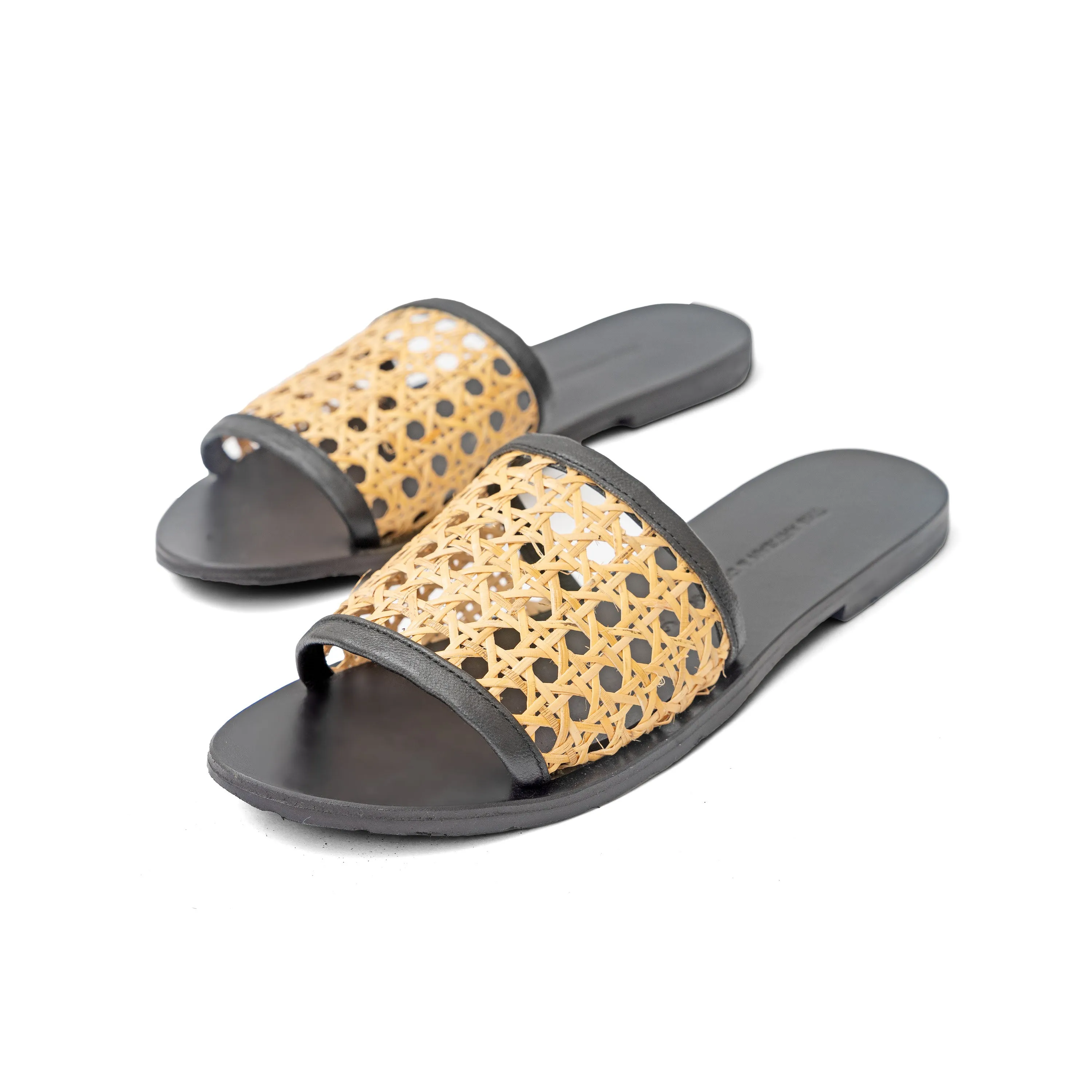 Black Genuine Leather Rattan Cane Webbing Slide