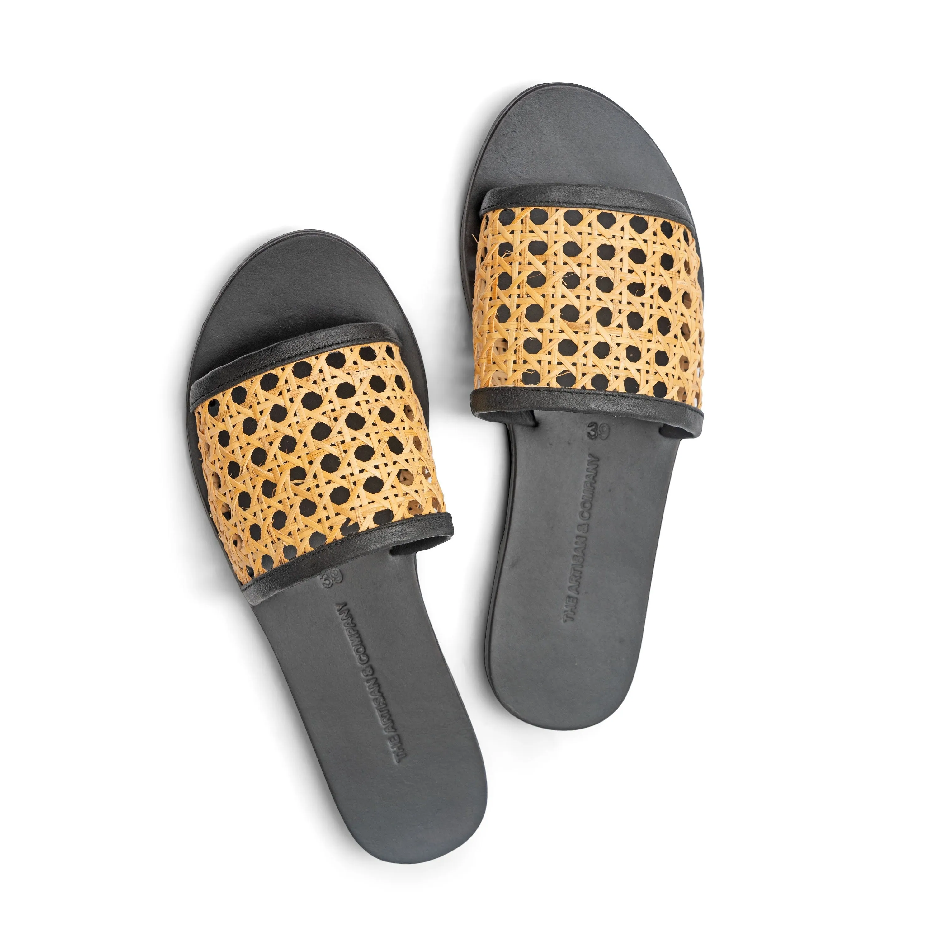 Black Genuine Leather Rattan Cane Webbing Slide