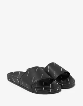 Black Leather All-Over Logo Slide Sandals -