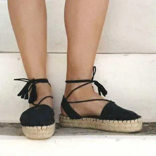 Boho Lace Up Espadrilles - Black - Double Sole