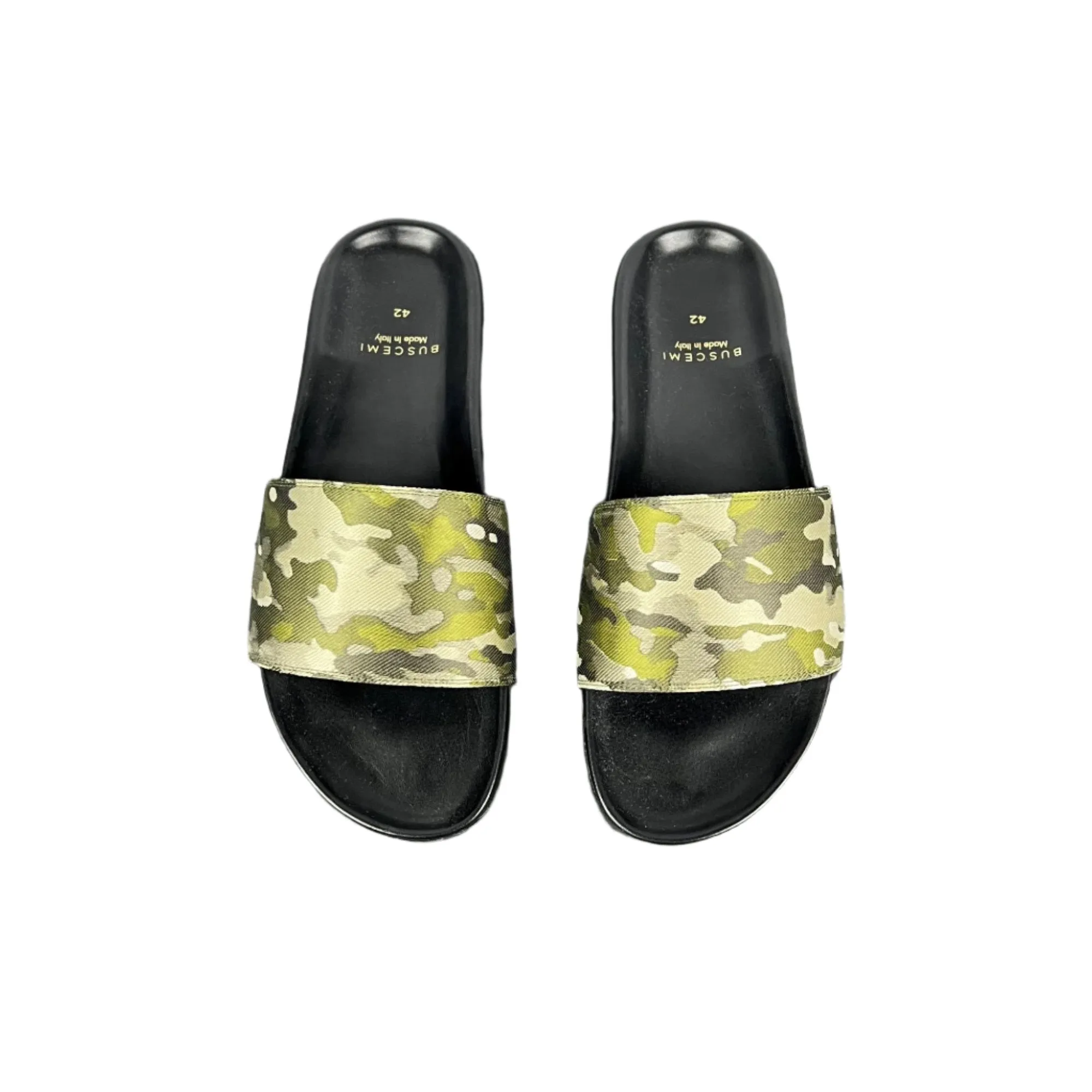 Buscemi Mens Slide Jacquard Camou Leather Sandals