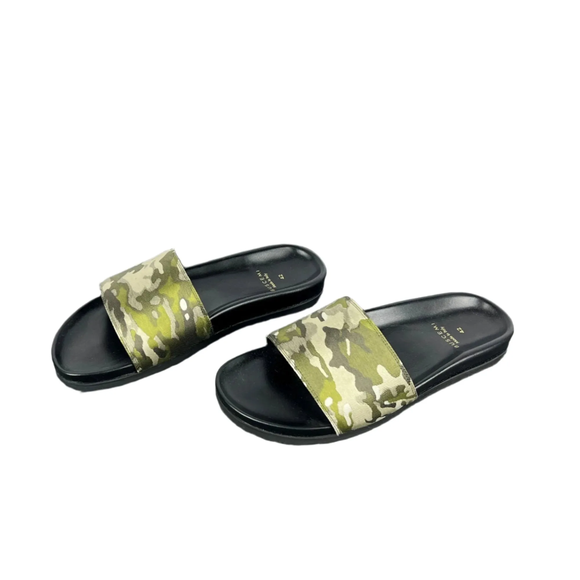 Buscemi Mens Slide Jacquard Camou Leather Sandals