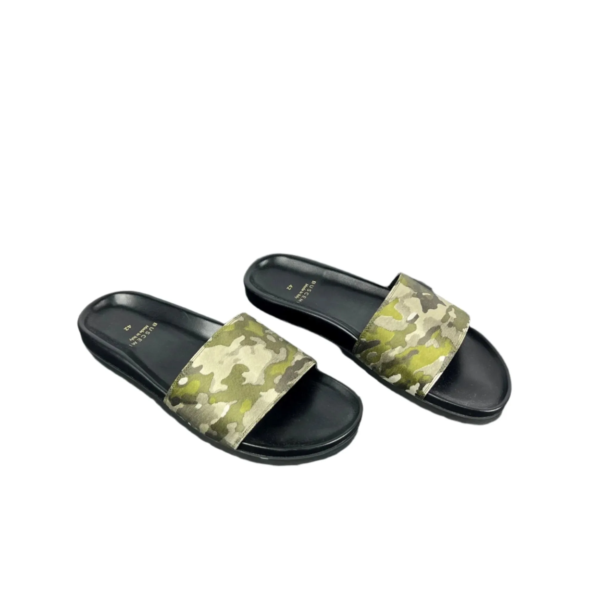 Buscemi Mens Slide Jacquard Camou Leather Sandals