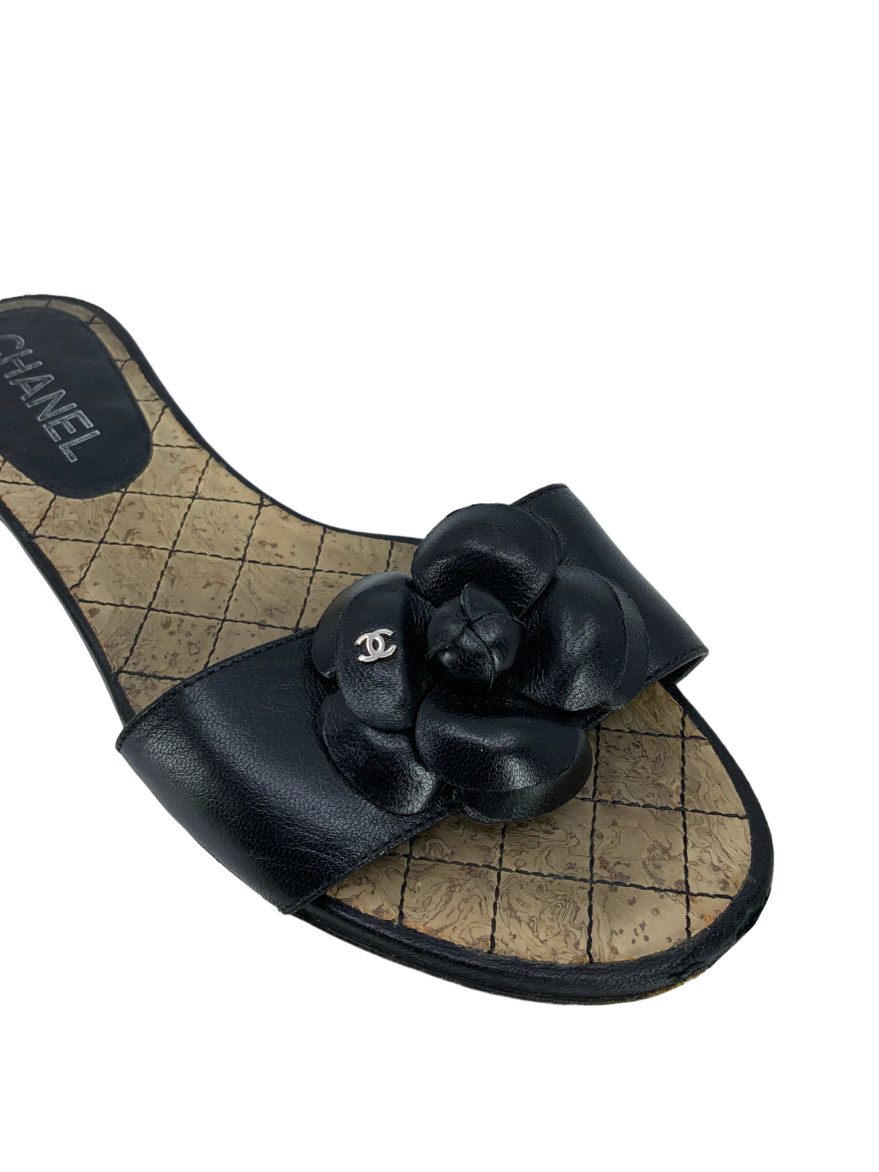 Chanel Leather Camellia Flower Flat Cork Sandals Size 7