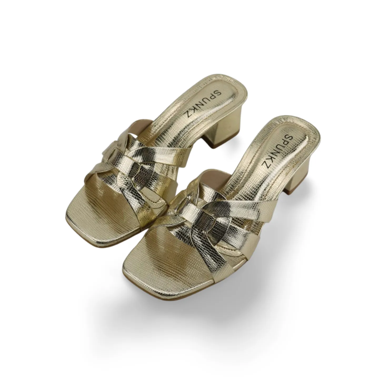 Chic Gold Cross-Strap Sandals with Square Toe and Block Heel