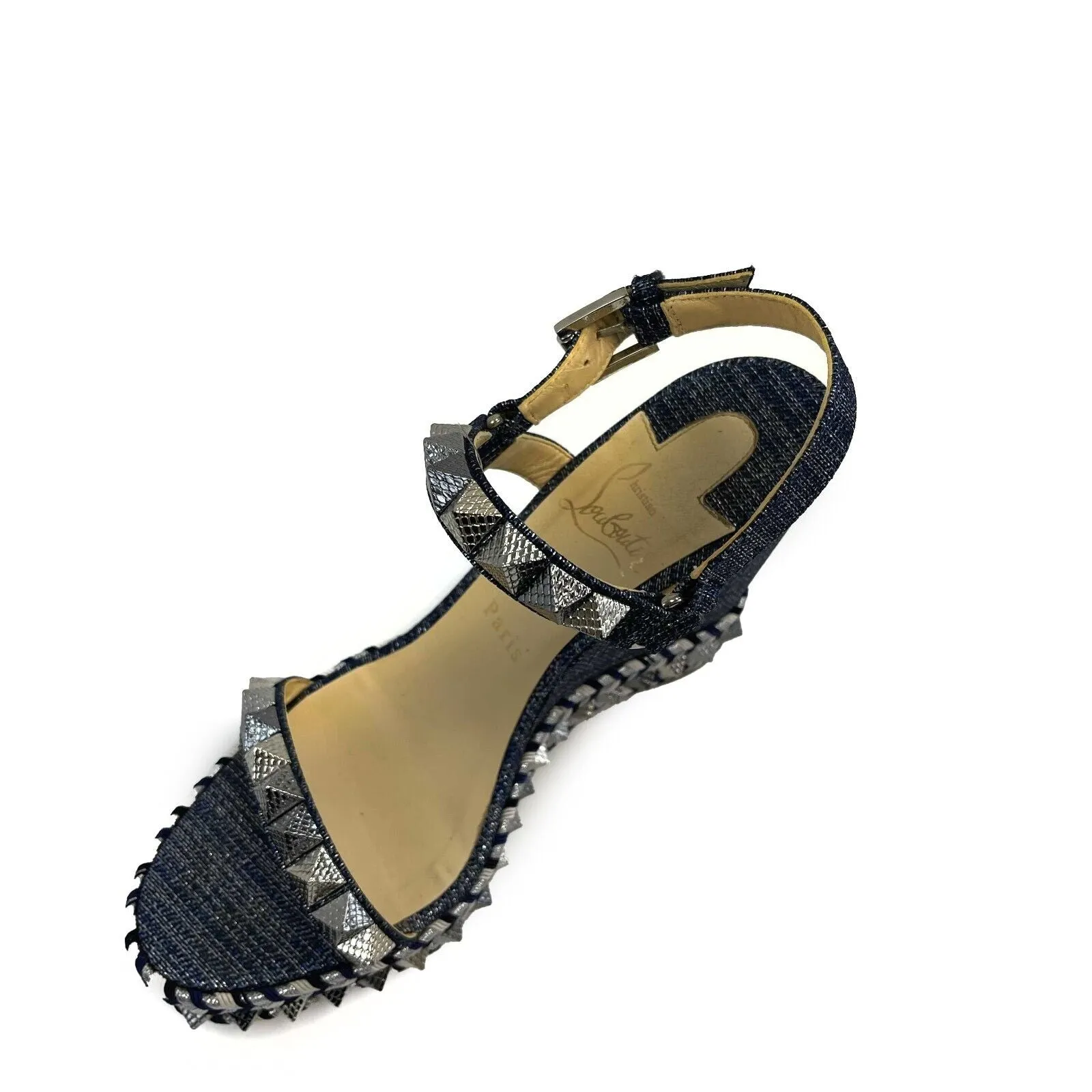 Christian Louboutin - Pyraclou Spike Denim Wedge Sandals - 39 US 9