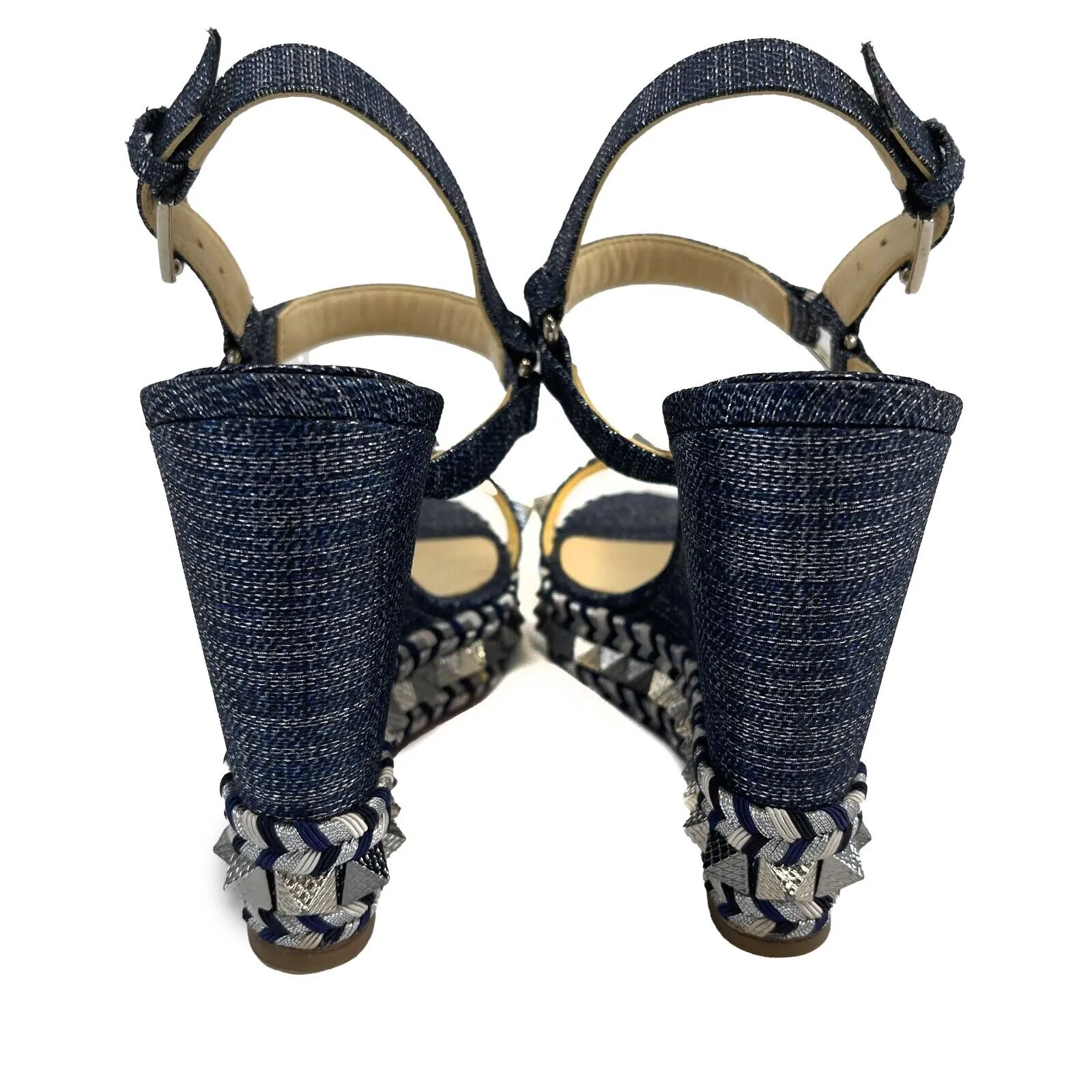 Christian Louboutin - Pyraclou Spike Denim Wedge Sandals - 39 US 9