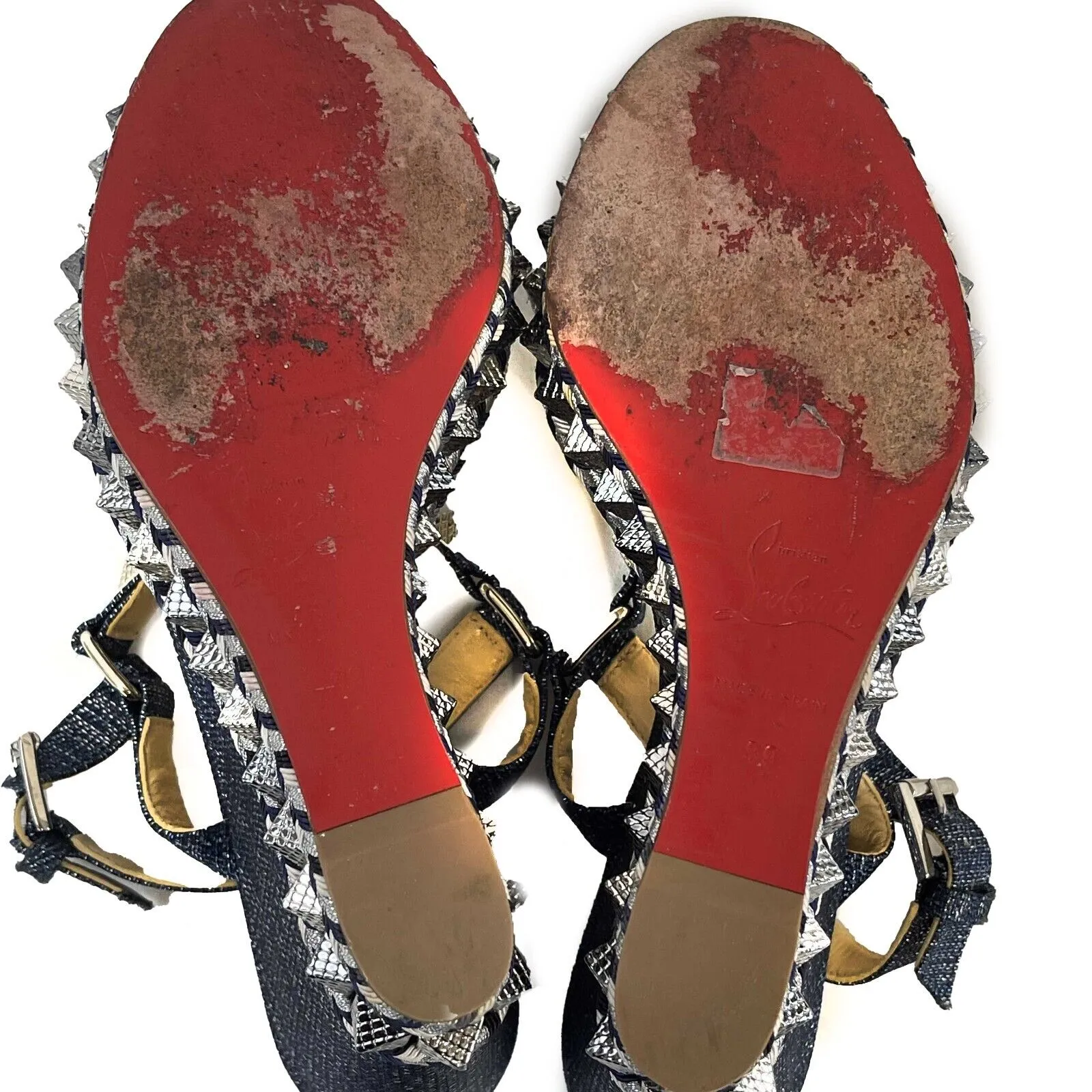 Christian Louboutin - Pyraclou Spike Denim Wedge Sandals - 39 US 9