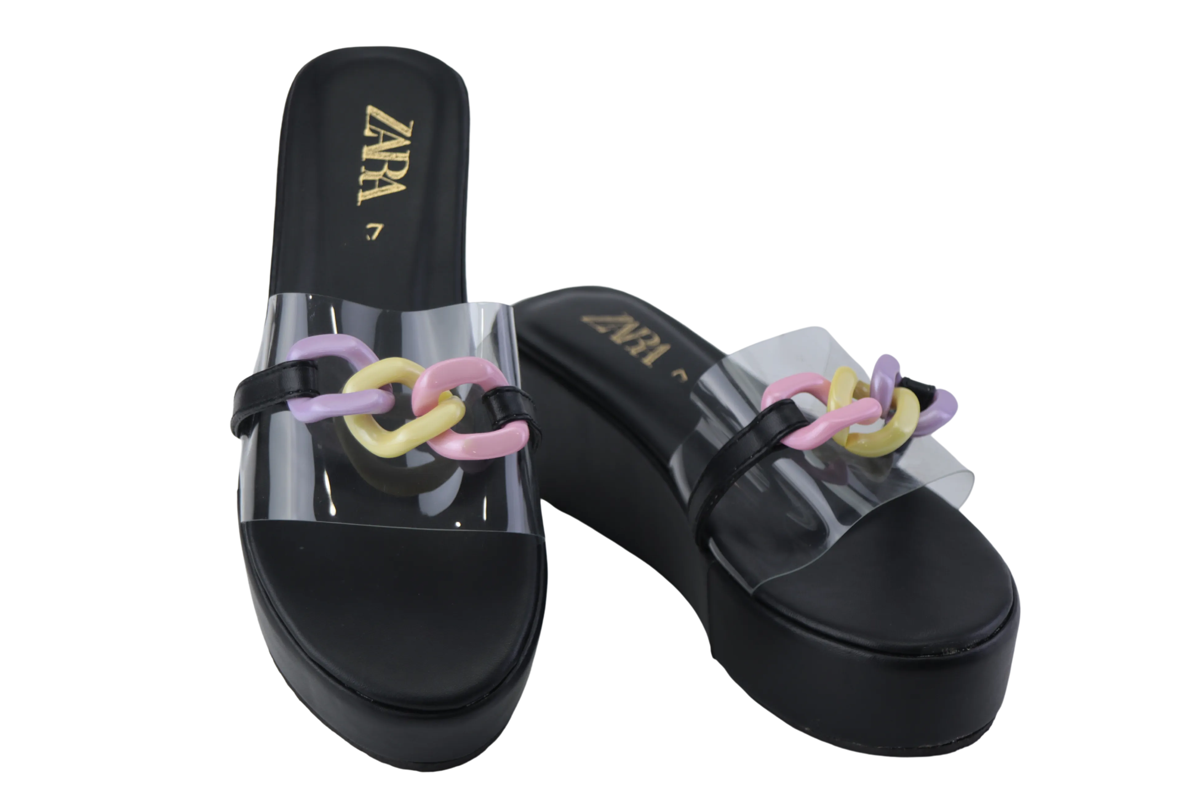 Clear Transparent Wedge Sandals with Pink and Purple Chain Buckle