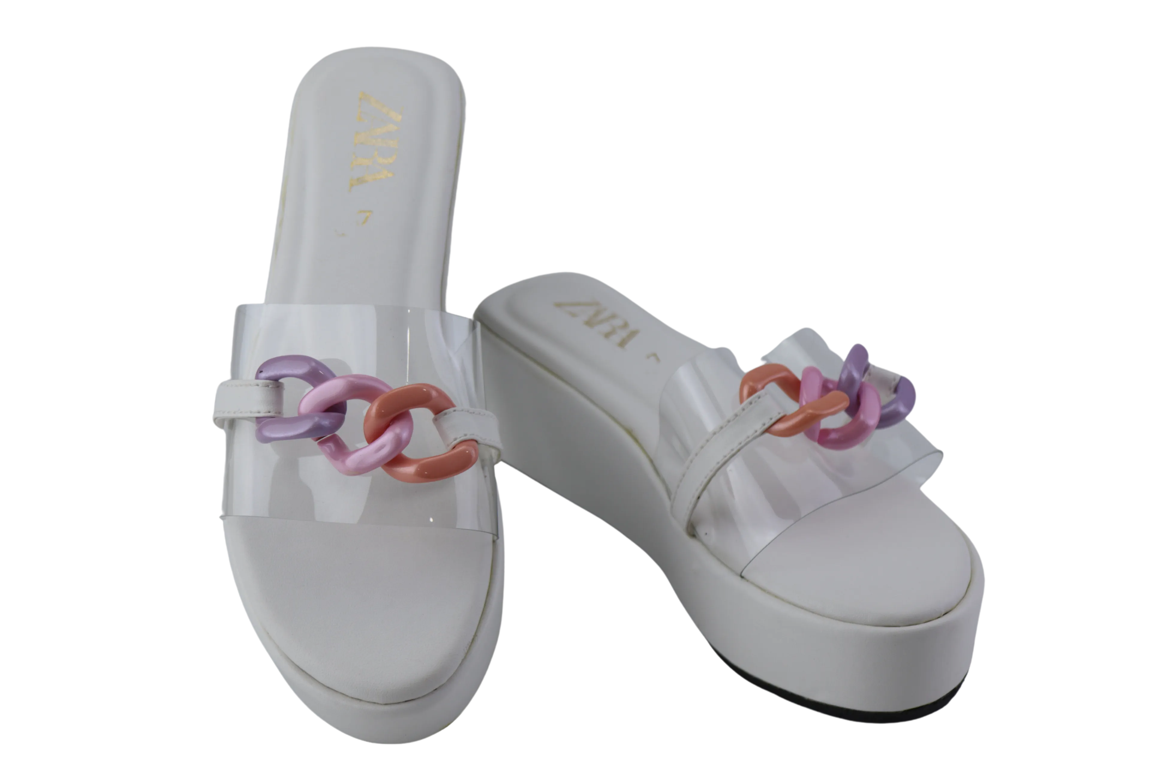 Clear Transparent Wedge Sandals with Pink and Purple Chain Buckle