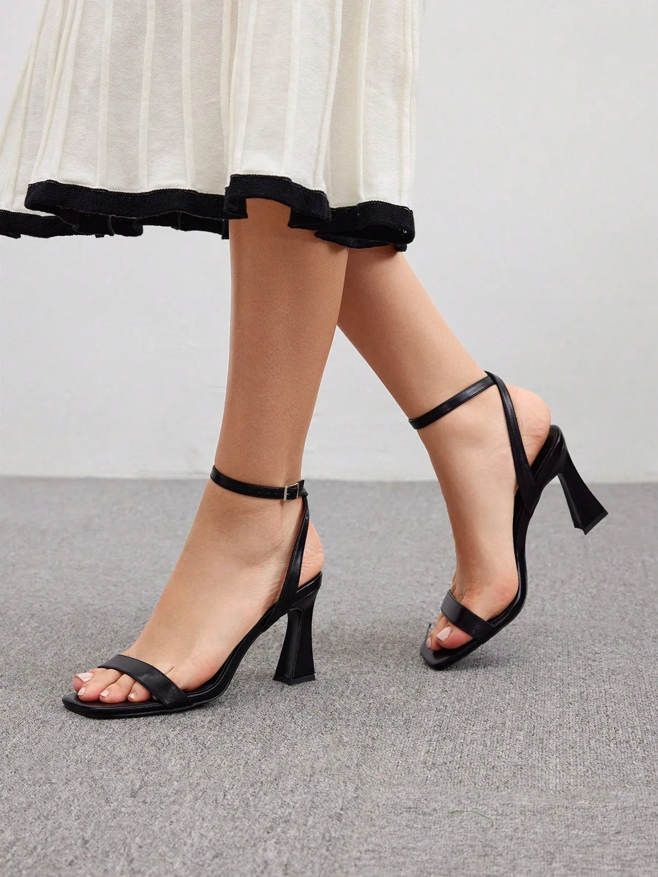 CUCCOO BIZCHIC Black PU Women Ankle Strap Square Toe High Heel Sandals