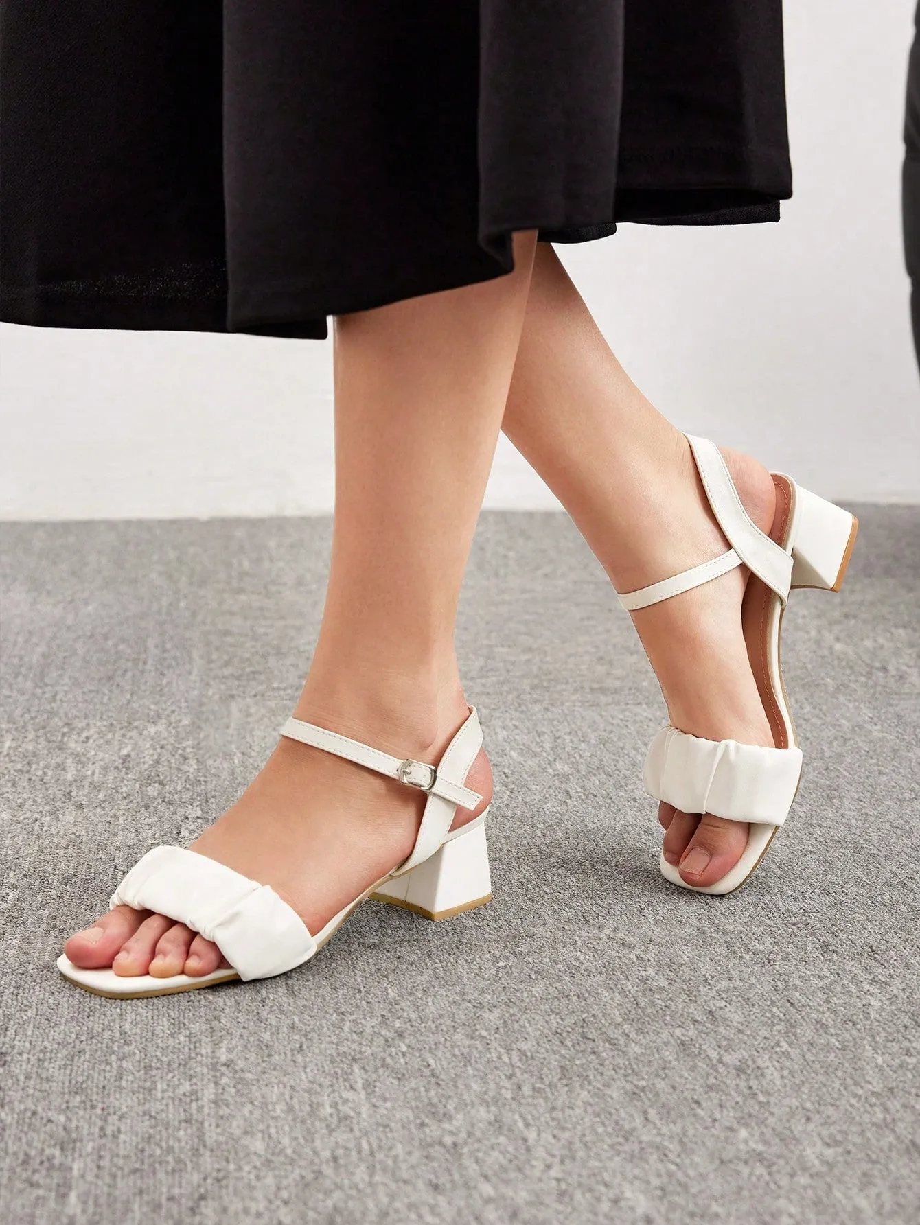 CUCCOO BIZCHIC Elegant White Ankle Strap Sandals For Woman Shoes, Ruched Detail Chunky Heeled Sandals For Summer Graduation Heels Prom Heels Vacation Shoes Summer Sale