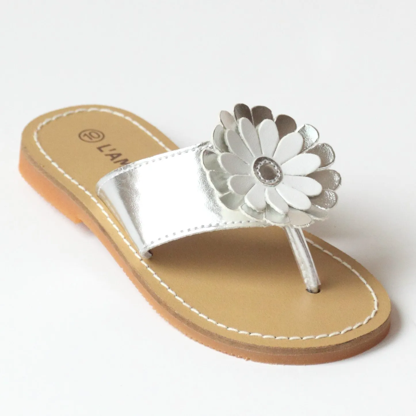 FINAL SALE - L'Amour Girls J740 Silver Flower Thong Sandals