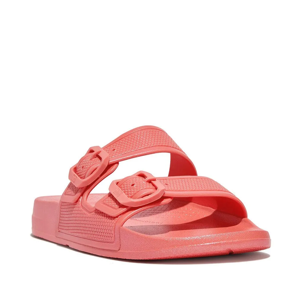 FitFlop iQushion Pearlized Two Bar Buckle Slides Coral